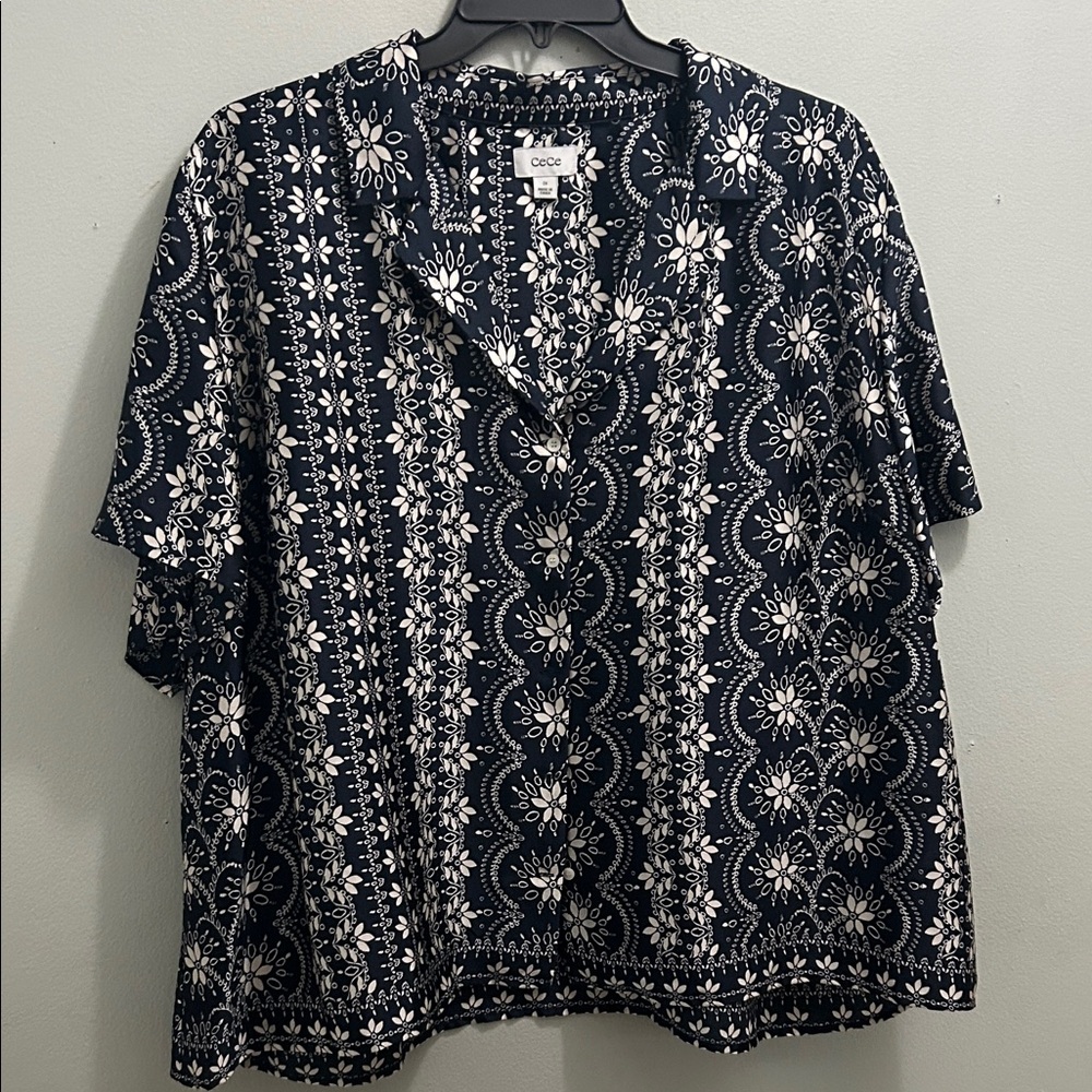 CeCe Navy Floral Split-Neck Peasant Blouse
